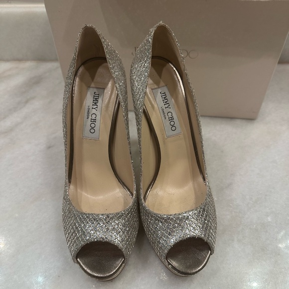 Jimmy Choo Crown Champagne Glitter Sparkle Peep Toe Heels - Picture 7 of 9